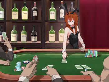 1girl 3boys alcohol black_leotard blackjack_table blanca:_a_broke_girl_in_the_slums blanca_(blanca) blue_eyes booze breasts card duskcraft embarrassed formal_clothes glass_cup highres leotard long_hair multiple_boys pantyhose playing_card poker poker_chip poker_table rabbit_ears red_hair small_breasts strapless strapless_leotard suit table