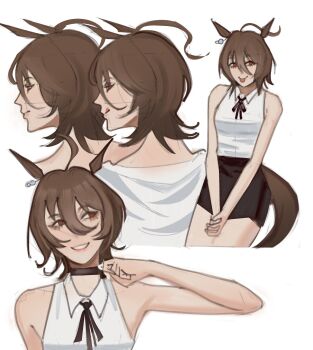 1girl absurdres agnes_tachyon_(umamusume) animal_ears black_choker black_ribbon black_shorts brown_hair chainsaw_man choker collared_shirt cosplay ear_tag hair_between_eyes highres horse_ears horse_girl horse_tail multiple_views neck_ribbon red_eyes reze_(chainsaw_man) reze_(chainsaw_man)_(cosplay) ribbon shirt shorts simple_background sleeveless sleeveless_shirt tail tongue tongue_out umamusume white_background white_shirt xyanaid