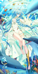 1girl 37_(down_in_the_grotto)_(reverse:1999) 37_(reverse:1999) air_bubble anklet bare_shoulders barefoot blue_eyes blue_hair braid breasts bubble cape cleavage closed_mouth clothing_cutout coral detached_sleeves dolphin fish full_body hair_between_eyes hair_ornament hand_up highres hip_vent jewelry leg_tattoo leg_up long_hair looking_at_viewer medium_breasts official_alternate_costume one-piece_swimsuit reverse:1999 school_of_fish sieka_(piiroinardesco) smile solo swimsuit tattoo twin_braids underwater very_long_hair white_cape white_one-piece_swimsuit white_sleeves