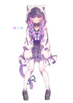 1girl animal_ears animal_hood baseball_cap blue_hair braid cat_ears cat_hood cat_tail commentary_request full_body hat high-waist_skirt highres hololive hood hoodie loafers long_sleeves low_twin_braids minato_aqua miniskirt multicolored_hair pantyhose pink_hair purple_eyes ribbon serizawa_serizane shoes skirt sleeves_past_fingers sleeves_past_wrists solo streaked_hair sweatdrop tail tail_ornament tail_ribbon twin_braids virtual_youtuber white_hoodie white_pantyhose