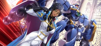 1girl artist_request asymmetrical_hair black_gloves black_hair black_shirt blue_cape braid breasts cape code_geass code_geass:_lost_stories covered_navel cowboy_shot crown_braid dark-skinned_female dark_skin day dorothea_ernst dutch_angle female_focus game_cg gloves glowing glowing_eyes green_eyes hair_tie hand_up high_collar highres indoors jacket large_breasts light_particles light_rays lips lipstick long_hair long_sleeves looking_at_viewer makeup mecha military_uniform non-web_source official_art palomides_(code_geass) pants parted_lips pillar red_eyes red_lips robot shirt sidelocks single_braid solo stairs teeth two-sided_cape two-sided_fabric v-shaped_eyebrows white_jacket white_pants window