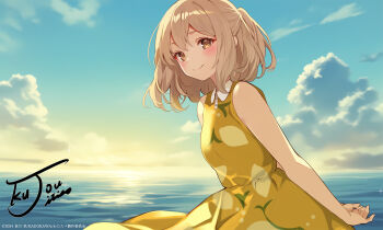 1girl aged_down brown_eyes brown_hair buttons child cloud collar collared_dress commentary_request dress highres horizon kujou_ichiso looking_at_viewer ocean pale_skin signature sky sleeveless sleeveless_dress smile solo solo_focus sun sunrise watashi_wo_tabetai_hitodenashi yaotose_hinako yellow_dress