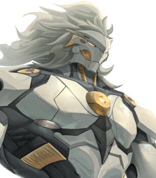 Rule 34 | 1boy, banyue (zenless zone zero), closed mouth, grey hair, hashtag-only commentary, humanoid robot, kimboopboop, male focus, pectorals, robot, robot boy, simple background, solo, upper body, white background, yellow eyes, zenless zone zero