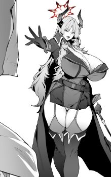 1boy 1girl alternate_breast_size doodle_sensei_(blue_archive) between_breasts black_gloves blue_archive boots bra bra_peek breasts demon_horns detached_collar garter_straps gloves grey_jacket gun handgun highres horns huge_breasts jacket knee_boots lace lace-trimmed_bra lace_trim long_hair mauser_c96 military_jacket mole mole_on_breast multicolored_horns necktie necktie_between_breasts satsuki_(blue_archive) sensei_(blue_archive) thirty_8ght two-tone_horns underwear weapon