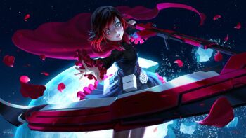 1girl black_dress broken_moon cape commentary_request crescent_rose dress erin_winn frilled_dress frills grey_eyes moon night official_art petals red_hair ruby_rose rwby rwby_ice_queendom scythe sky solo