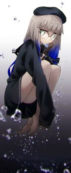 1girl air_bubble barefoot beret black_hat black_sailor_collar blue_hair blue_shirt brown_hair bubble commentary_request fate/grand_order fate_(series) glasses gradient_hair green_eyes hat highres long_hair long_sleeves looking_at_viewer multicolored_hair nemo_(fate) professor_nemo_(fate) round_eyewear sailor_collar shirt sidelocks sleeves_past_fingers sleeves_past_wrists two-tone_hair underwater yubeshi_(zecxl)