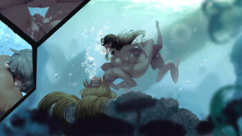 3girls absurdres alternate_breast_size asphyxiation ass bad_id bad_pixiv_id black_hair blonde_hair blue_eyes blurry breasts bubble collarbone completely_nude depth_of_field drowning fingering gate_-_jieitai_ka_no_chi_nite_kaku_tatakaeri highres hug large_breasts leg_lock lelei_la_lalena long_hair medium_breasts multiple_girls mushroom nude oral plant pussy red_eyes rory_mercury rou_(rou22) short_hair small_breasts third-party_source tuka_luna_marceau uncensored underwater wide-eyed yuri