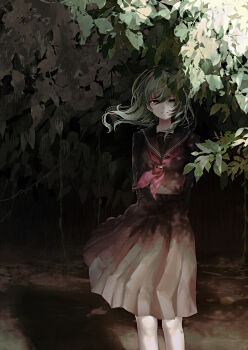 1girl absurdres alternate_costume black_sailor_collar black_serafuku black_shirt black_skirt commentary_request green_eyes green_hair grin hair_ornament highres kochiya_sanae leaf long_hair long_sleeves looking_at_viewer neckerchief plant pleated_skirt red_neckerchief sailor_collar sailor_shirt school_uniform serafuku shadow shirt skirt smile snake_hair_ornament solo standing t_terano touhou