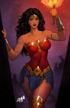 1girl bare_shoulders black_hair blue_eyes bracer breasts david_nakayama dc_comics highres holding holding_torch initial long_hair looking_at_viewer medium_breasts solo tiara torch wonder_woman wonder_woman_(series)