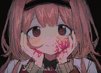 1girl black_background black_hairband black_shirt blazer blood blood_on_face blood_on_hands blurry blush brown_cardigan cardigan collared_shirt commentary fujiwchi_221b hairband hands_on_own_cheeks hands_on_own_face hands_up heart heart-shaped_pupils jacket long_sleeves looking_at_viewer nijisanji pink_blood pink_hair pixelated portrait raised_eyebrows red_eyes romaji_text shirt smile solo suo_sango suo_sango_(1st_costume) symbol-only_commentary symbol-shaped_pupils vhs_artifacts virtual_youtuber white_jacket