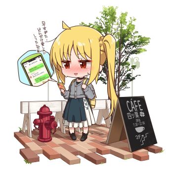 Rule 34 | 1girl, ahoge, alternate costume, backpack, bag, black boots, black choker, blonde hair, blush, bocchi the rock!, boots, cardigan, cellphone, chibi, chibi only, chika (06chimika13), choker, commentary request, fire hydrant, full body, grey cardigan, highres, holding, holding phone, ijichi nijika, long hair, long sleeves, open mouth, phone, red eyes, side ponytail, skirt, smartphone, solo, speech bubble, standing, translation request, tree, white background, white skirt, yellow bag