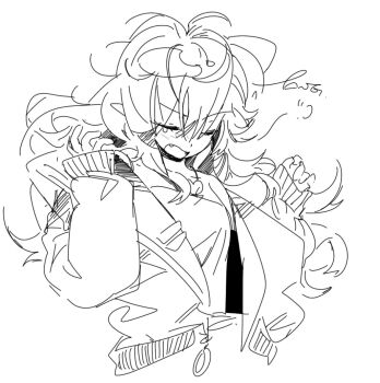 1girl fang highres messy_hair monochrome original sketch sleeves_past_wrists solo tanglaoban1225 white_background yawning