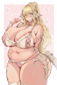 1girl arm_behind_back au_ra bell blonde_hair blue_eyes blunt_bangs blush bow bow_panties bra breasts cameltoe choker cleavage commission dragon_tail final_fantasy final_fantasy_xiv floral_background glasses high_ponytail highres huge_breasts jingle_bell lingerie long_hair navel neck_bell noiretox original panties pink_background pink_choker pink_nails pink_panties playing_with_own_hair plump ponytail round_eyewear scales scrunchie skindentation solo standing stretch_marks tail thick_thighs thighhighs thighs underwear white_bra white_thighhighs