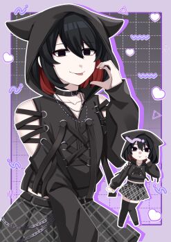 1girl absurdres animal_ear_hood bare_shoulders belt black_belt black_choker black_eyes black_hair black_shoes black_skirt black_thighhighs bob_cut border breasts chain chain_necklace choker closed_mouth collarbone colored_inner_hair colored_shadow cowboy_shot cropped_hoodie drawstring drop_shadow empty_eyes fake_animal_ears finger_to_cheek goth_fashion gradient_background grid_background hair_between_eyes half-heart_hands hand_up heart highres hood hood_up hoodie index_finger_raised jewelry jmfz5558 lace-up long_sleeves midriff_peek monogatari_(series) multicolored_hair multiple_necklaces multiple_views necklace no_gloves oshino_ougi outline pale_skin plaid_clothes plaid_skirt pleated_skirt pointing pointing_at_self purple_border red_hair shadow shoes short_hair_with_long_locks skirt sleeves_past_wrists small_breasts smile solo solo_focus squiggle standing thighhighs tongue tongue_out triangle two-tone_hair v-neck wallet_chain white_outline