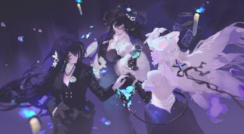 3girls absurdres acheron_(honkai:_star_rail) alternate_costume bare_shoulders black_gloves black_hair black_suit black_swan_(honkai:_star_rail) bracelet breasts cleavage closed_mouth cup dress drinking_glass elbow_gloves flower formal_clothes from_above gloves hair_flower hair_ornament highres holding holding_cup holding_hands honkai:_star_rail honkai_(series) jewelry large_breasts long_hair looking_at_another looking_at_viewer multiple_girls purple_hair rafaelaaa smile suit the_dahlia_(honkai:_star_rail)