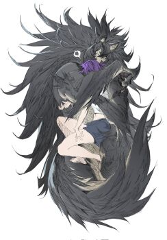 Rule 34 | 1boy, 1girl, animal ears, animal hands, barefoot, black fur, black hair, body fur, brown fur, claws, closed eyes, cropped legs, full body, highres, hug, leviair, long hair, lying, lying on person, midriff, monster boy, on back, on side, original, purple hair, shorts, simple background, solo, spoken skull, squeezing, tail, twitching, very long hair, white background, wolf boy, wolf ears, wolf tail