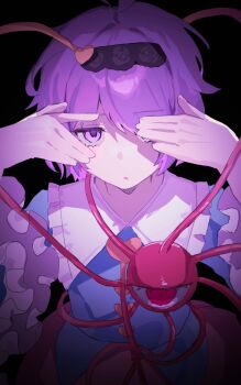 1girl :/ black_background blouse blue_shirt buttons commentary_request covering_one_eye cowboy_shot dark_background expressionless eyeball flat_chest floral_print frilled_shirt_collar frilled_sleeves frills from_above hair_ornament hair_over_one_eye hairband hands_up heart heart_button heart_hair_ornament highres imkooooww komeiji_satori light_blush long_sleeves parted_lips pink_eyes pink_skirt purple_hair shirt short_hair simple_background skirt solo stenciled_rose swept_bangs third_eye touhou v v_over_eye wide_sleeves