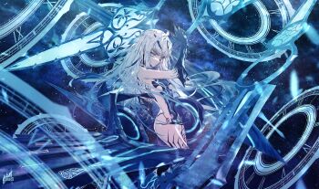 1girl absurdres bare_shoulders black_panties body_markings breasts dragon_wings fate/grand_order fate_(series) forked_eyebrows highres long_hair looking_at_viewer melusine_(fate) melusine_(third_ascension)_(fate) panties reluvy revealing_clothes sidelocks small_breasts solo tail underwear weapon white_hair wings yellow_eyes