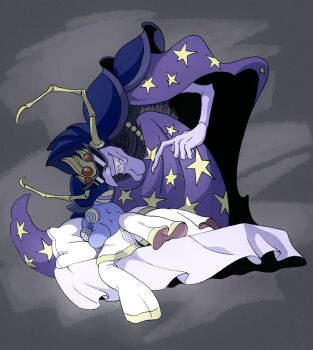 2boys armor big_nose blue_skin cape cleft_chin colored_skin grey_background hyness kirby&#039;s_dream_land kirby_star_allies kirby_(series) kumoketu long_nose male_focus multiple_boys nightmare nightmare_(kirby) nintendo pillow sleeping smile star_(symbol) star_print sunglasses sweatdrop wizard