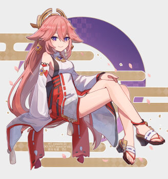 1girl animal_ears anklet commentary_request corn_kuten detached_sleeves earrings egasumi flip-flops fox_ears full_body genshin_impact highres japanese_clothes jewelry long_hair looking_at_viewer low-tied_long_hair mitsudomoe_(shape) nontraditional_miko pink_hair purple_eyes sandals shirt sitting smile solo tomoe_(symbol) vision_(genshin_impact) white_shirt yae_miko