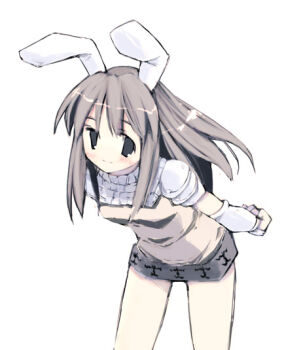 Rule 34 | 1girl, animal ears, armor, armored dress, blush, brown hair, closed mouth, commentary request, cowboy shot, dress, fake animal ears, ganges gawa, grey eyes, knight (ragnarok online), leaning forward, long hair, looking at viewer, pauldrons, rabbit ears, ragnarok online, shoulder armor, simple background, smile, solo, vambraces, white background