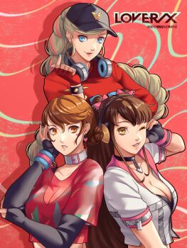 3girls alternate_hairstyle artist_name belt_buckle belt_collar black_choker black_gloves black_hat blonde_hair blue_eyes blue_nails bracelet breasts brown_eyes brown_hair buckle choker cleavage closed_mouth collar collarbone commentary crop_top drill_hair earrings english_commentary facial_mark fingerless_gloves gloves hair_bun hat headphones headphones_around_neck heart heart_earrings heart_facial_mark highres hoop_earrings in-franchise_crossover jacket jewelry kpop_demon_hunters kujikawa_rise large_breasts lips long_hair looking_at_viewer mayonnaisenais3 multiple_girls official_alternate_costume parted_lips persona persona_3 persona_3:_dancing_moon_night persona_4 persona_4:_dancing_all_night persona_5 persona_5:_dancing_star_night persona_dancing pink_lips pink_shirt ponytail red_lips red_shirt see-through_cleavage see-through_clothes see-through_shirt shirt short_hair smile spiked_bracelet spikes takamaki_anne takeba_yukari tarot the_lovers_(tarot) trait_connection upper_body white_choker white_jacket zipper