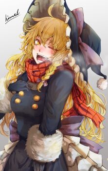 1girl absurdres adapted_costume back_bow black_dress black_gloves black_hat blonde_hair bow braid braided_sidelock commentary dress fur-trimmed_sleeves fur_trim gloves hat highres kirisame_marisa long_hair nuru_himmel one_eye_closed open_mouth plaid_clothes plaid_scarf pom_pom_(clothes) pom_pom_hat_ornament red_scarf scarf signature solo teeth touhou winter_clothes witch_hat yellow_eyes