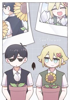 Rule 34 | 2boys, antenna hair, basil (faraway) (omori), basil (omori), black eyes, black hair, black sweater vest, blonde hair, blue eyes, bright pupils, closed mouth, collared shirt, double-parted bangs, flower, flower pot, green sweater vest, hair between eyes, hair flower, hair ornament, highres, holding, holding flower pot, looking at another, male focus, multiple boys, omori, parted lips, photo (object), pino ois1, plant, potted plant, ship name, shirt, short hair, short sleeves, sidelocks, something (omori), sunflower, sunny (omori), sweater vest, tulip, watermark, white flower, white pupils, white shirt, white tulip