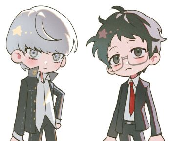 2boys :3 adachi_tooru belt belt_buckle bespectacled black_belt black_jacket black_pants black_suit blush buckle channel_0513 closed_mouth collared_shirt commentary dot_nose eyelashes formal_clothes glasses grey-framed_eyewear grey_eyes grey_hair hand_on_own_hip jacket long_sleeves male_focus multiple_boys narukami_yu necktie open_clothes open_collar open_jacket pants persona persona_4 red_necktie school_uniform shirt simple_background smile standing suit suit_jacket symbol-only_commentary white_background white_shirt yasogami_school_uniform