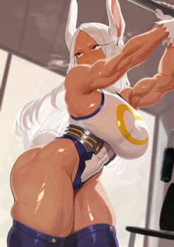 1girl abs absurdres animal_ears bare_shoulders biceps blue_thighhighs blush boku_no_hero_academia breasts covered_navel dark-skinned_female dark_skin gloves highleg highleg_leotard highres large_breasts leotard long_eyelashes long_hair looking_back mirko muscular muscular_female parted_bangs parted_lips rabbit_ears rabbit_girl rabbit_tail red_eyes solo tail thick_thighs thighhighs thighs white_gloves white_hair white_leotard yamami_sui