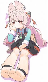 1girl 1other accessories animal_ear_fluff animal_ears animal_feet bright_pupils cat chinese_clothes closed_mouth commentary_request ear_piercing furry furry_female green_shirt hand_on_own_face highres inaririn long_hair looking_at_viewer medallion o-ring_necktie piercing pink_fur pink_hair rabbit_girl red_eyes screw screw_hair_ornament shirt short_eyebrows simple_background sitting thick_eyebrows twintails white_background white_pupils zenless_zone_zero zhao_(zenless_zone_zero)