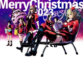 6+girls black_hair blonde_hair blunt_bangs book breasts christmas cleavage dress drinking emilie_de_rochefort hat highres holding holding_book jbstyle kazama_asuka kazama_jun large_breasts ling_xiaoyu long_hair medium_breasts multicolored_hair multiple_girls namco nina_williams purple_hair red_dress red_thighhighs reina_(tekken) santa_costume santa_dress santa_hat tekken tekken_8 thighhighs twintails two-tone_hair