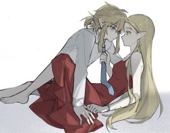 Rule 34 | 1boy, 1girl, bare shoulders, barefoot, blonde hair, blue eyes, blue necktie, bracelet, breasts, ciru093, clothes grab, collared shirt, commentary request, dress, earrings, green eyes, hair between eyes, hair tie, hetero, highres, jewelry, link, long hair, looking at another, medium breasts, medium hair, necktie, necktie grab, neckwear grab, nintendo, parted bangs, pointy ears, ponytail, princess zelda, red dress, shirt, short ponytail, sleeveless, sleeveless dress, sweatdrop, the legend of zelda, the legend of zelda: breath of the wild, white background, white shirt