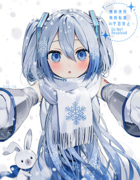 1girl :o artist_name bare_shoulders blue_eyes blue_hair blush commentary ctd_114 detached_sleeves double-parted_bangs grey_sleeves hair_between_eyes hatsune_miku highres long_hair long_sleeves looking_at_viewer number_tattoo open_mouth outstretched_arms rabbit_yukine shirt shoulder_tattoo simple_background sleeveless sleeveless_shirt snowing solo tattoo upper_body vocaloid watermark white_background white_shirt yuki_miku yuki_miku_(2010)