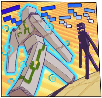 angry aura black_skin colored_skin creature dark_skin enderman fighting_stance from_side frostyflytrap golem iron_golem_(minecraft) jojo_no_kimyou_na_bouken mechanical_arms mechanical_legs metal_skin minecraft no_humans parody plant purple_eyes sound_effects striped_background tall upset very_dark_skin vines walking yellow_background
