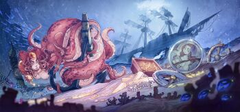 1girl air_bubble anchor breasts broken_glass bubble cleavage coin colored_skin commentary compass coral dress english_commentary glass gofa gold_bar holding holding_coin holding_pendant horizontal_pupils jewelry light_rays long_hair mast necklace nipples original parted_lips photo_(object) pink_skin red_hair red_lips red_skin rock rope sand school_of_fish ship shipwreck solo spotted_skin star_(symbol) star_necklace steering_wheel suction_cups swimming tentacle_hair tiara treasure treasure_chest underwear watercraft white_dress yellow_eyes