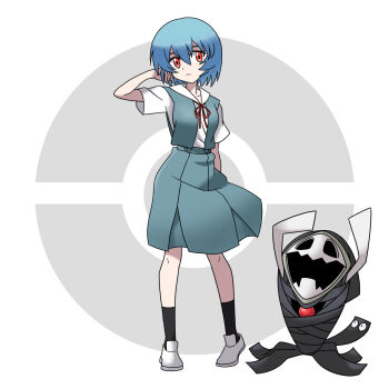 Rule 34 | 1girl, 1other, angel (evangelion), ayanami rei, blue hair, breasts, expressionless, from side, full body, gen 2 pokemon, hand in own hair, interface headset (evangelion), looking at viewer, neck ribbon, neon genesis evangelion, nintendo, official style, open mouth, parody, poke ball symbol, pokemon, red ribbon, ribbon, sashimi (sasihmi), school uniform, shirt, short hair, simple background, skirt, sleeveless, solo, style parody, sugimori ken (style), suspender skirt, suspenders, tokyo-3 middle school uniform, white shirt, wobbuffet, zeruel (evangelion)