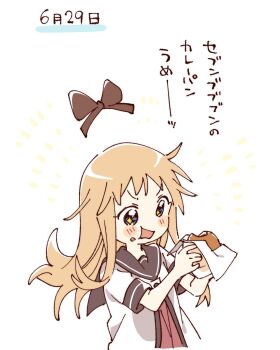 +_+ 2girls blonde_hair blue_eyes blush_stickers bow brown_bow brown_sailor_collar curry_bread dress eating food food_on_face hair_bow hashtag-only_commentary highres holding holding_food long_hair multiple_girls namori nanamori_school_uniform open_mouth pleated_dress red_dress sailor_collar school_uniform shirt short_sleeves simple_background sparkle summer_uniform toshinou_kyouko translation_request upper_body v-shaped_eyebrows white_background white_shirt yuruyuri