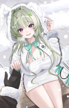 1boy 1girl :d absurdres animal_ears antenna_hair aqua_bow aqua_bowtie black_gloves blush bow bowtie breasts day dress fake_animal_ears fur-trimmed_sleeves fur_trim gloves goddess_of_victory:_nikke green_hair hair_bow hetero highres holding_hands hood hood_up hooded_jacket jacket large_breasts long_hair long_sleeves looking_at_viewer open_clothes open_jacket open_mouth outdoors pov purple_eyes rabbit_ears short_dress sitting smile snow snowing soda_(nikke) solo_focus sunameri_(pixiv3564245) white_bow white_dress white_jacket winter