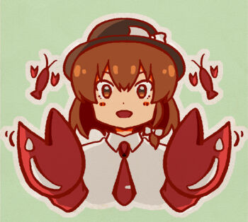 Rule 34 | 1girl, black hat, blush stickers, bow, brown eyes, brown hair, collared shirt, crayfish, facing viewer, fake claws, green background, hair between eyes, hat, hat bow, lowres, necktie, open mouth, red necktie, sanwa no jako (daikichi club), shirt, short hair, solo, touhou, usami renko, white shirt