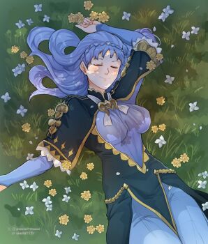 1girl alternate_hairstyle artist_name blue_capelet blue_dress blue_flower blush braid breasts capelet closed_eyes closed_mouth commentary commission crown_braid dress fire_emblem fire_emblem:_three_houses flower grass highres long_hair long_sleeves lying marianne_von_edmund marianne_von_edmund_(timeskip) medium_breasts nintendo on_back outdoors sierra117renner sleeping smile solo yellow_flower
