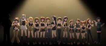 Rule 34 | 16d, 1boy, 6+girls, absurdres, ahoge, akizuki ritsuko, amami haruka, antenna hair, backlighting, bangs pinned back, beyond the nobles (idolmaster), beyond the vibes (idolmaster), beyond the wishes (idolmaster), black pants, black shoes, black skirt, black thighhighs, black tube top, blonde hair, blue bow, blue bowtie, blue hair, bow, bowtie, braid, breasts, brown hair, commentary request, cool &amp; sexy (idolmaster), everyone, futami ami, futami mami, ganaha hibiki, green hair, green vest, grey hair, hagiwara yukiho, hairband, hand up, headset, highres, hoshii miki, idolmaster, idolmaster (classic), idolmaster 1, idolmaster sp, kikuchi makoto, kisaragi chihaya, long hair, looking at viewer, minase iori, miniskirt, miura azusa, multiple girls, night and day amcg (idolmaster), official alternate costume, orange hair, otonashi kotori, pants, pencil skirt, ponytail, shijou takane, shoes, short hair, side ponytail, skirt, standing, strapless, takagi jun'ichirou, takatsuki yayoi, thighhighs, tube top, twin braids, twintails, v, vest, white skirt, yellow hairband, yellow pants, yellow shoes, yellow vest