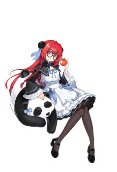 1girl :t absurdres apple bitten_apple black-framed_eyewear black_nails black_pantyhose black_shoes black_shrug blue_bow bow braid bun_cover closers collared_shrug crop_top double_bun food food_bite food_on_face fruit full_body glasses hair_bow hair_bun hand_up high-waist_skirt highres holding holding_food holding_fruit invisible_chair layered_skirt leaning_on_animal long_hair looking_at_viewer mandarin_collar mary_janes miniskirt multicolored_nails official_art panda pantyhose red_eyes red_hair round_eyewear seth_(closers) shirt shoes shrug_(clothing) side_braid sitting skirt skirt_bow solo teardrop-framed_glasses white_background white_nails white_shirt wide_sleeves