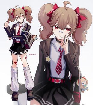 1girl absurdres ahoge alternate_costume alternate_hairstyle bag bandaid bandaid_on_face bandaid_on_leg bandaid_on_nose belt black_choker black_jacket black_shoes black_skirt bow broken_heart broken_heart_hair_ornament brown_hair character_badge character_charm character_doll charm_(object) choker collared_shirt commentary doll english_commentary evil_neuro-sama fluffy_hair full_body furrowed_brow hair_between_eyes hair_bow hand_up heart heart_choker highres holding holding_own_hair inward_v itabag jacket kneehighs leg_up light_blush lollipop_in_mouth long_sleeves looking_at_viewer loose_socks merchandise miniskirt multiple_views necktie neuro-sama noroi_(noroi_03) oshi-katsu parted_lips pleated_skirt red_belt red_bow red_eyes red_nails red_necktie school_uniform shirt shoes shoulder_bag skirt socks standing striped_clothes striped_necktie twintails v vedal_ai white_background white_necktie white_shirt white_socks