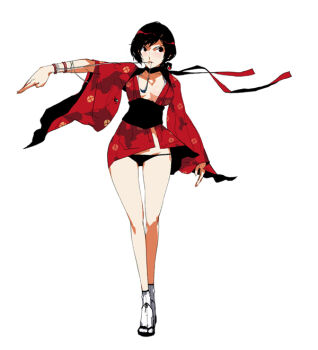 1girl black_hair breasts choker cleavage d.k female_focus japanese_clothes kimono kunai kurenai_(red_ninja:_end_of_honor) large_breasts lowleg lowleg_panties mouth_hold ninja no_bra obi open_clothes open_kimono panties red_ninja:_end_of_honor ribbon sash short_hair short_kimono simple_background solo standing string tabi underwear weapon white_background wide_sleeves