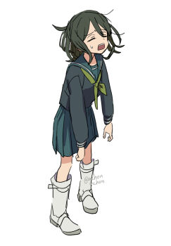 1girl artist_name boots closed_eyes commentary_request exhausted full_body green_hair green_neckerchief green_sailor_collar green_serafuku green_skirt mchonmchon medium_skirt messy_hair neckerchief open_mouth original pleated_skirt sailor_collar school_uniform serafuku short_hair simple_background skirt solo standing sweatdrop teeth upper_teeth_only watermark white_background white_boots