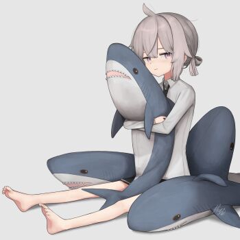 1girl ahoge barefoot black_necktie black_skirt blush collared_shirt commentary_request double-parted_bangs dress_shirt feet full_body girls'_frontline grey_background grey_hair hair_between_eyes hair_rings highres hugging_object ikea_shark legs looking_at_viewer m200_(girls'_frontline) medium_hair miniskirt necktie origumi purple_eyes shadow shirt sidelocks signature simple_background sitting skirt solo stuffed_animal stuffed_shark stuffed_toy white_shirt