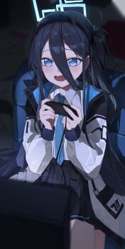 1girl absurdly_long_hair absurdres aqua_halo aris_(blue_archive) black_hair black_hairband black_jacket black_skirt blue_archive blue_eyes blue_jacket blue_necktie blurry blurry_background blurry_foreground blush bright_pupils collared_shirt commentary controller depth_of_field double-parted_bangs eimizzzzz furrowed_brow game_controller glowing glowing_halo hair_between_eyes hairband halo highres holding holding_controller holding_game_controller indoors jacket knees_out_of_frame light_particles long_bangs long_hair long_hair_between_eyes long_sidelocks long_sleeves millennium_science_school_logo miniskirt monitor multicolored_jacket necktie one_side_up open_clothes open_jacket open_mouth playing_games pleated_skirt pocket puffy_long_sleeves puffy_sleeves rectangular_halo ringed_eyes school_uniform screen_light shadow shirt shirt_tucked_in sidelocks sitting skirt smile solo tie_clip two-sided_fabric two-sided_jacket very_long_hair white_jacket white_shirt wing_collar