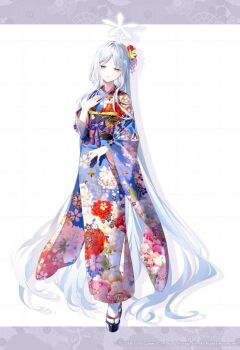 1girl absurdly_long_hair black_sandals blue_archive floral_print floral_print_kimono full_body halo hand_up japanese_clothes kimono long_hair long_sleeves looking_at_viewer nagusa_(blue_archive) official_art okobo parted_lips platform_sandals print_kimono riichu sandals simple_background socks standing tabi very_long_hair white_hair white_socks wide_sleeves