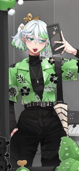1girl absurdres alternate_costume belt black_belt black_pants black_sweater cecilia_immergreen cellphone character_charm charm_(object) cross cross_earrings doll_joints earrings floral_print_shirt gigi_murin gradient_hair green_eyes green_hair green_shirt grey_nails highres holding holding_phone hololive hololive_english jewelry joints multicolored_hair necklace open_mouth otomo_(cecilia_immergreen) pants phone rikuje ring selfie shirt shirt_tucked_in side_ponytail smartphone sweater teeth tongue tongue_out turtleneck turtleneck_sweater upper_teeth_only virtual_youtuber white_hair winding_key